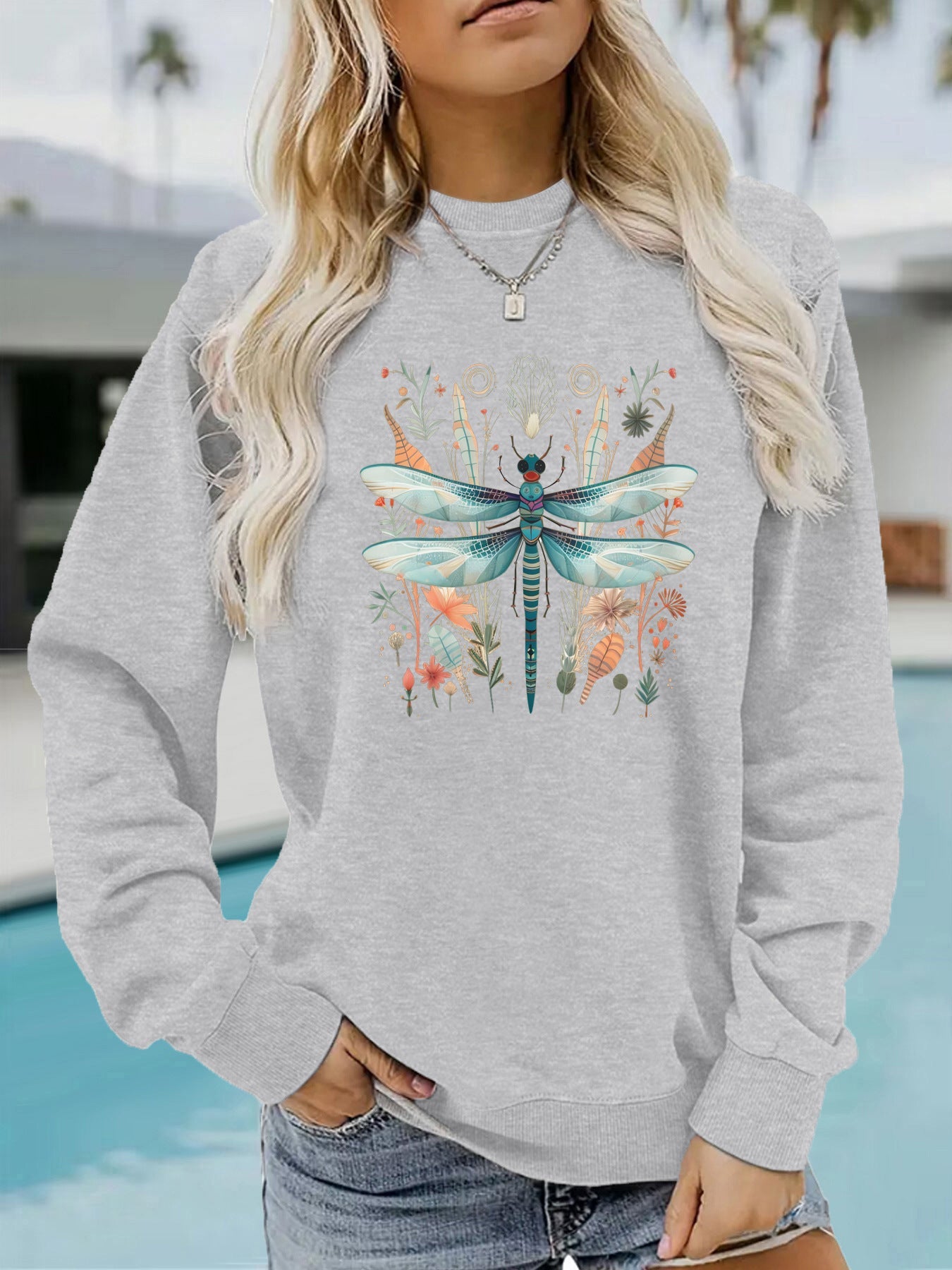 Damen Sweatshirt Libellen-Print Baumwolle Grün