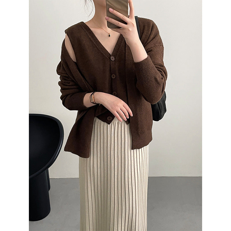 Damen Cardigan Gestrickt V-Ausschnitt Beige