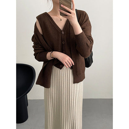 Damen Cardigan Gestrickt V-Ausschnitt Beige