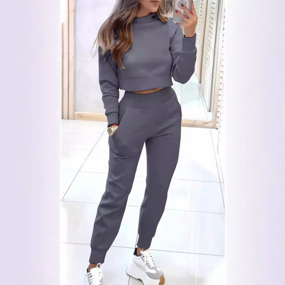Damen Sweatpants-Set Hochkragen Cropped Oberteil Grau