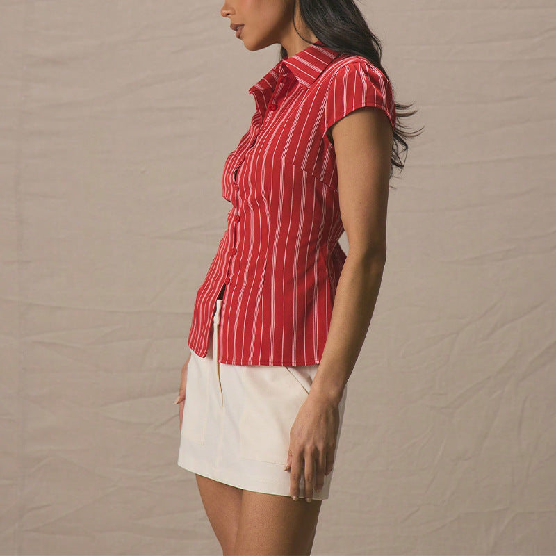 Damen Bluse Kurzarm Streifen Klassische Knopfleisten Eveloria