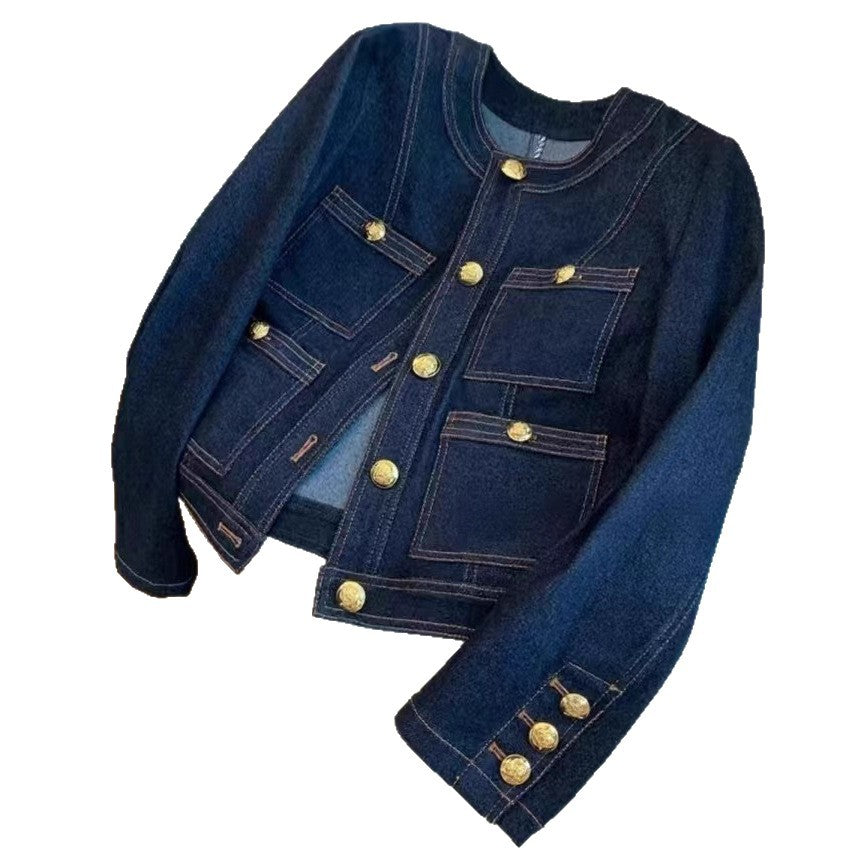 Damen Jeansjacke Modisch Goldene Knöpfe Eveloria
