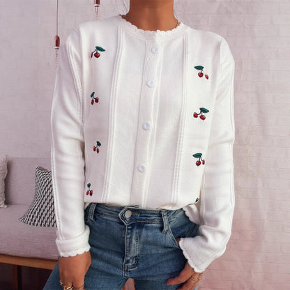 Damen Strickjacke Kirschenmotiv Rüschenkragen