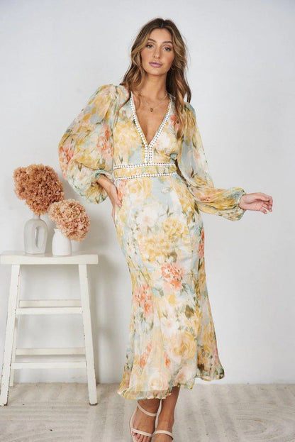 Damen Maxikleid Voluminöse Ärmel Dekorativ