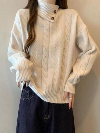 Damen Grobstrickpullover Hochgeschlossener Kragen Knöpfe Beige