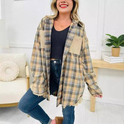 Damen Karo-Hemdjacke Oversized mit Fransen Details Braun - Eveloria