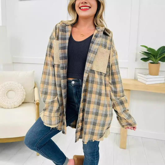 Damen Karo-Hemdjacke Oversized mit Fransen Details Braun - Eveloria