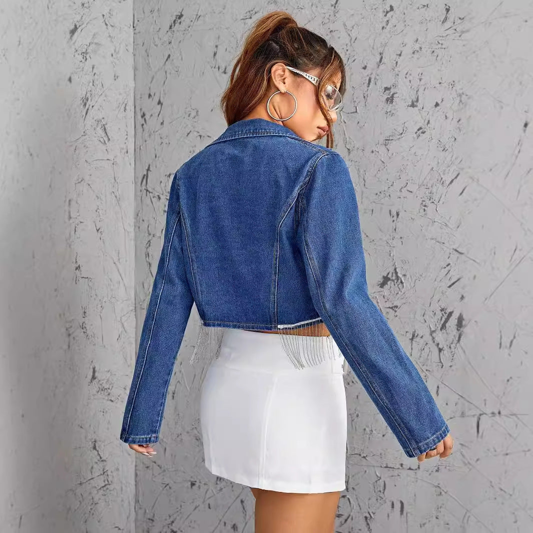 Damen Cropped Jeansjacke Lässiger Schnitt Mit Fransen Eveloria