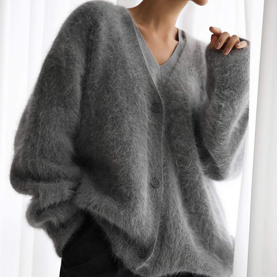Damen Strickjacke V-Ausschnitt Knöpfe Flauschig Grau Eveloria
