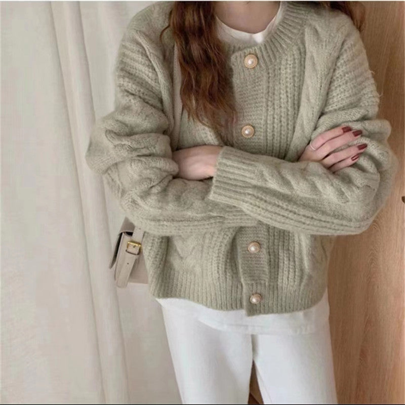 Damen Strickcardigan Kuschelig Perlenknöpfe Beige