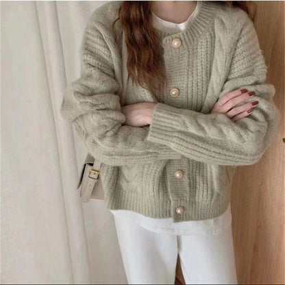 Damen Strickcardigan Kuschelig Perlenknöpfe Beige