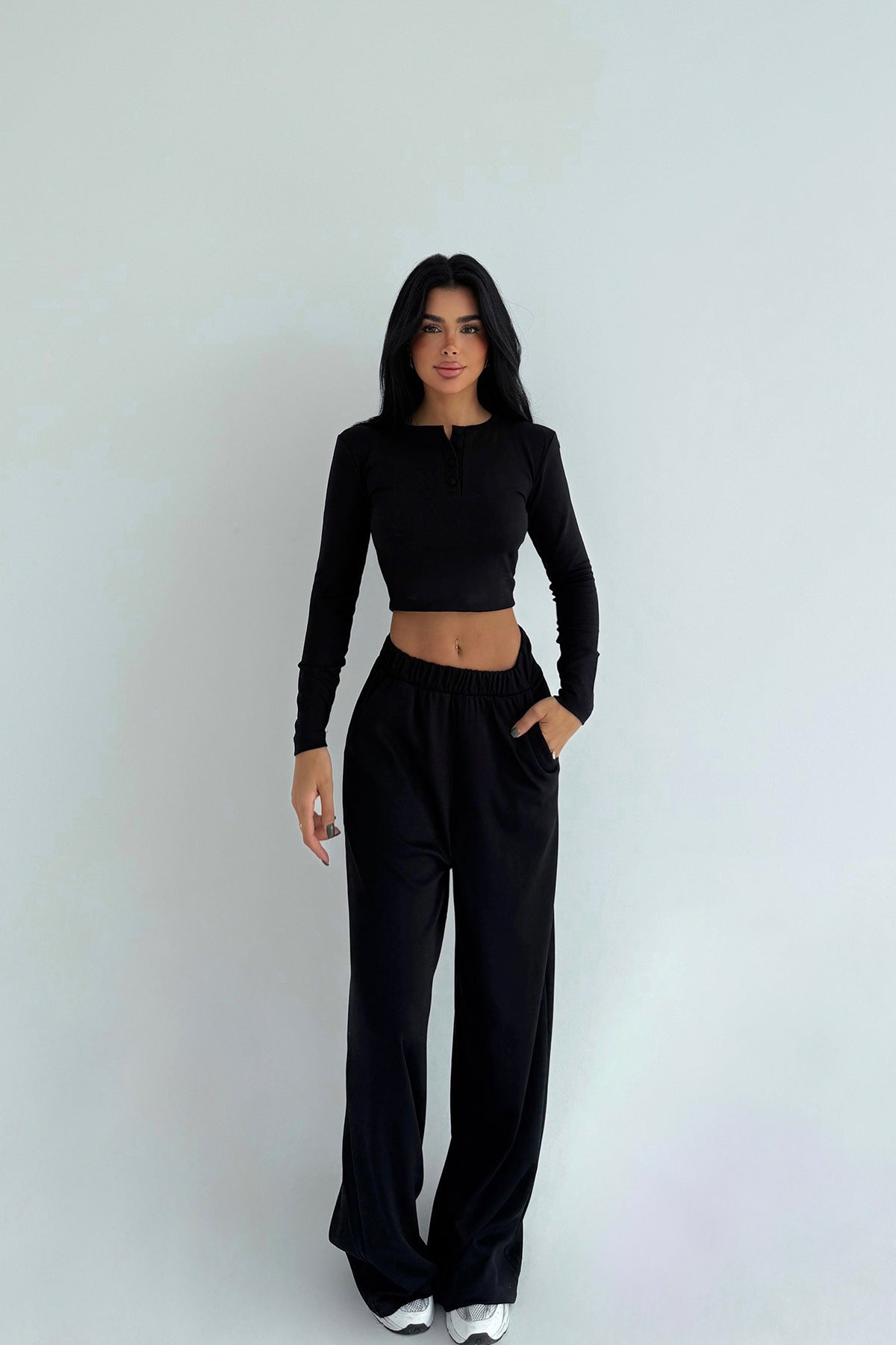 Damen Cropped und weite Hose mit Knöpfen