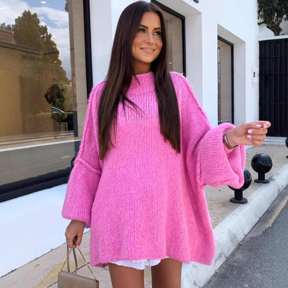 Damen Oversized Strickpullover Hoher Kragen Ballonärmel Eveloria - Eveloria