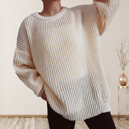 Damen Grobstrickpullover Überschnittene Schultern Beige