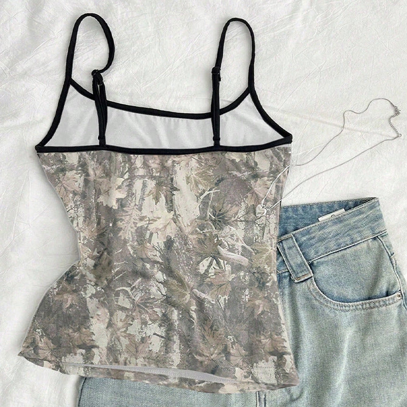 Damen Ärmelloses Floraler Druck Verstellbare Träger Beige