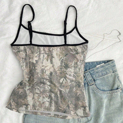 Damen Ärmelloses Floraler Druck Verstellbare Träger Beige