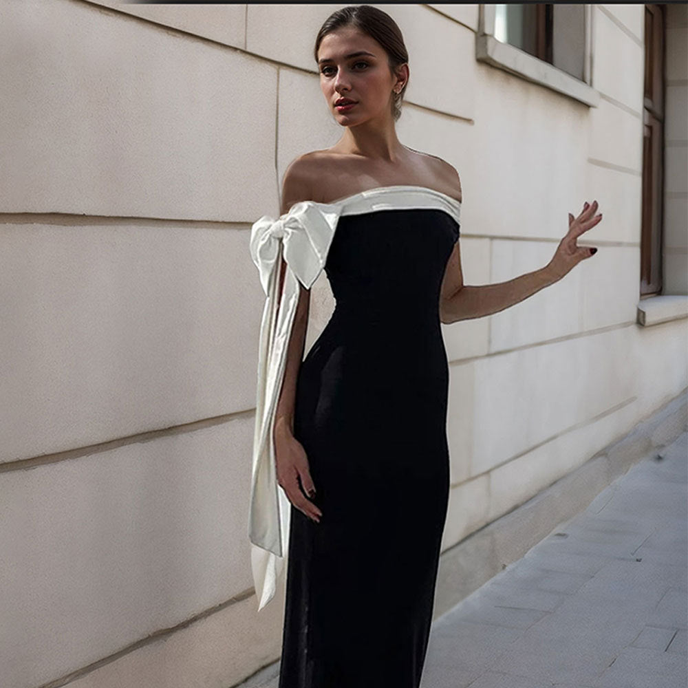 Damen Maxikleid Off-Shoulder Design Schleifenakzent Elegantes Eveloria