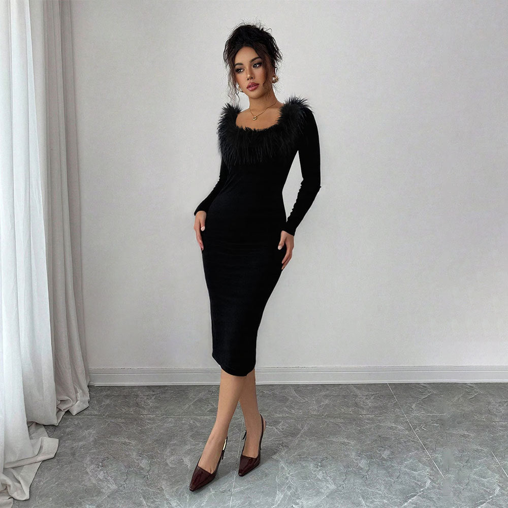 Damen Midi-Kleid Federverzierung Seiten-Schlitz Eveloria