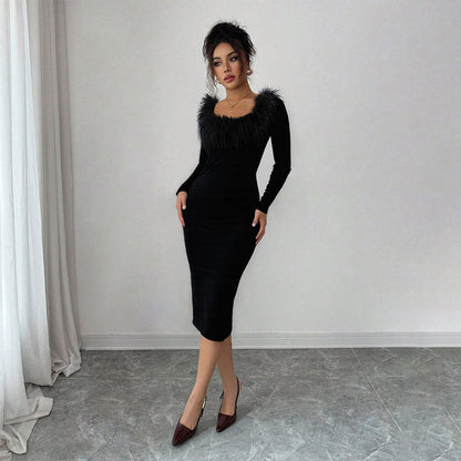 Damen Midi-Kleid Federverzierung Seiten-Schlitz Eveloria