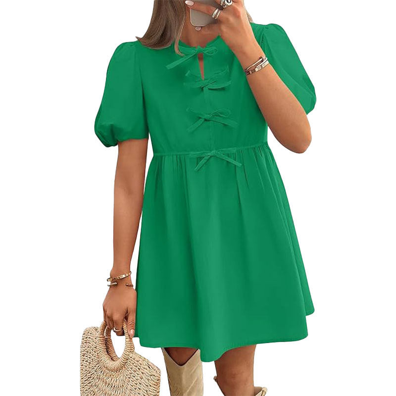 Damen Kurzkleid Puffärmel Schleifendetails Eveloria