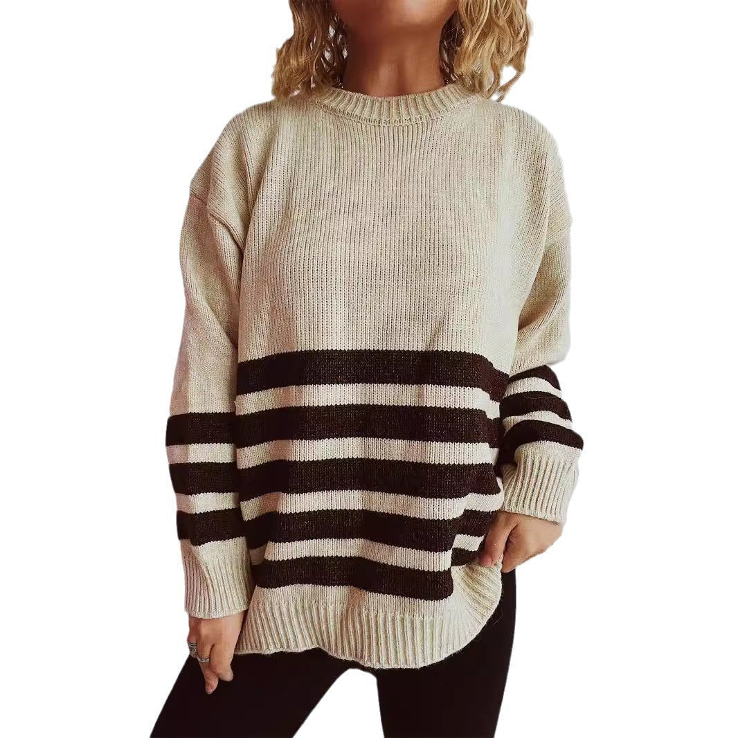 Damen Strickpullover Breites Streifenmuster Eveloria
