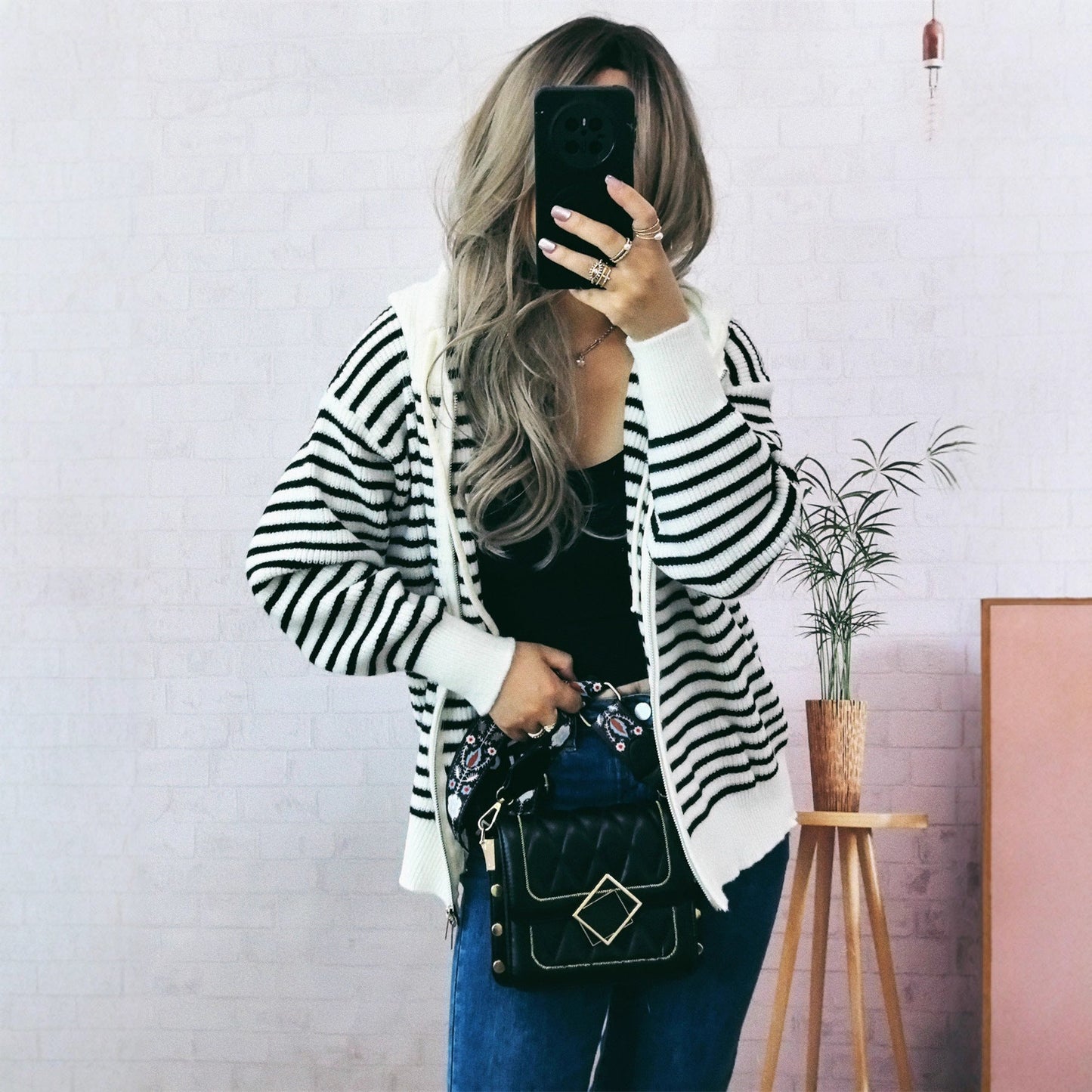 Damen Hoodie Lässig Gestreift Mit Taschen Eveloria