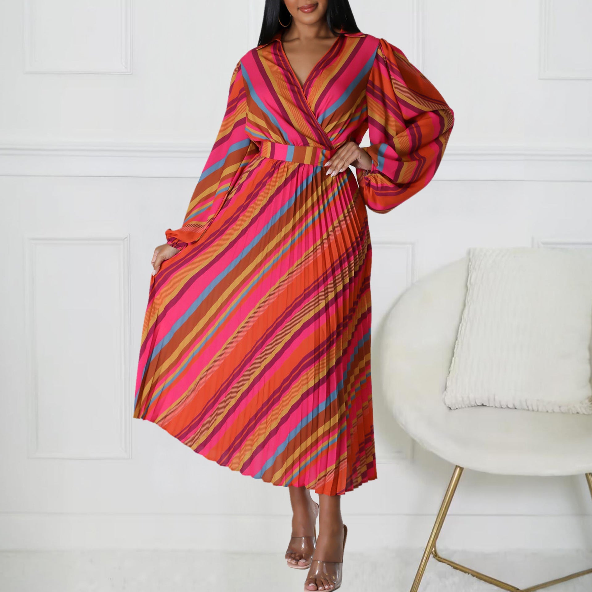 Damen Maxikleid Wickelkragen Streifenmuster - Eveloria