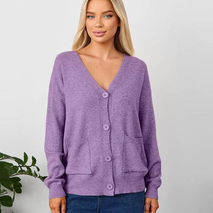 Damen Cardigan Grobstrick V-Ausschnitt mit Taschen Beige