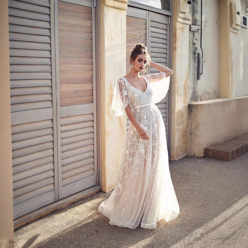 Damen Abendkleid Florale Stickerei Spitzenärmel Eveloria