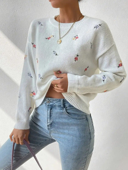 Damen Pulli Floral Stickerei Lässig Eveloria