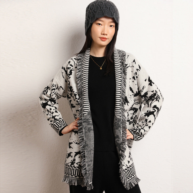 Damen Strickjacke Grafisches Muster Fransen