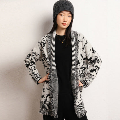Damen Strickjacke Grafisches Muster Fransen