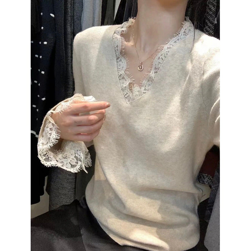 Damen Strickpullover V-Ausschnitt feine Spitze - Eveloria