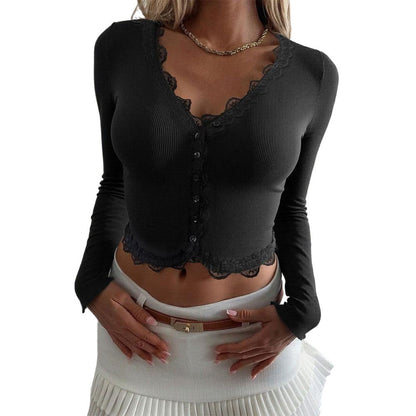Damen Langarmshirt Spitzenborte Figurbetont Eveloria