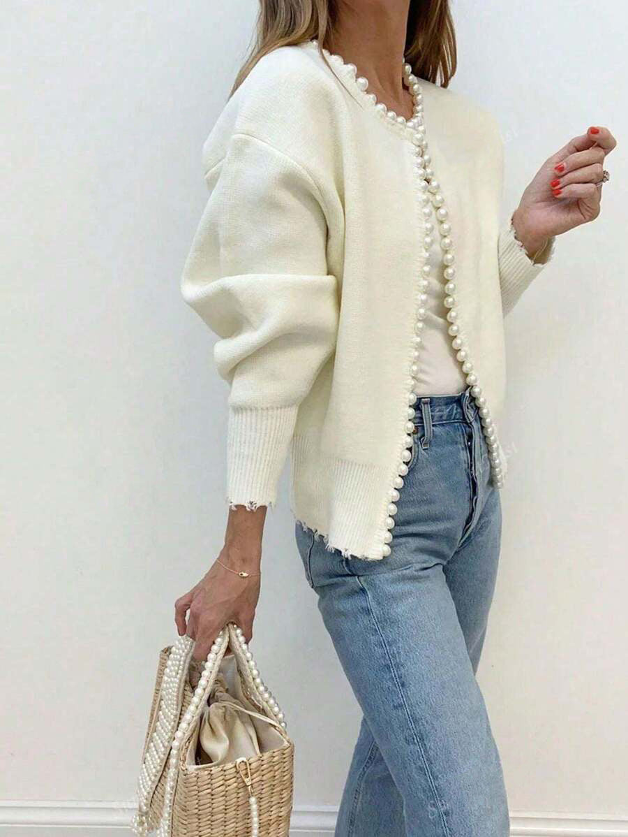 Damen Strickjacke Perlenakzent Lässiger Schnitt Eveloria