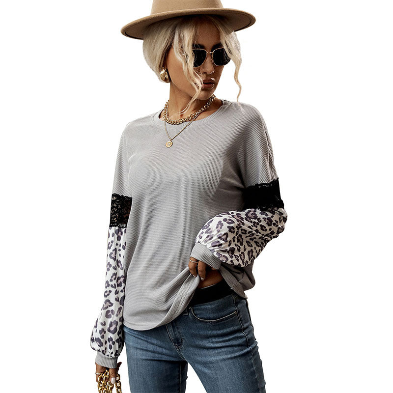 Damen Pullover mit floralem Muster und Spitzenärmeln Leopardenlook