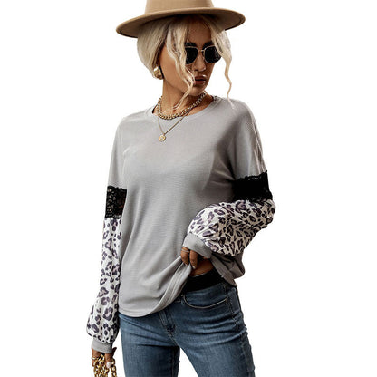 Damen Pullover mit floralem Muster und Spitzenärmeln Leopardenlook