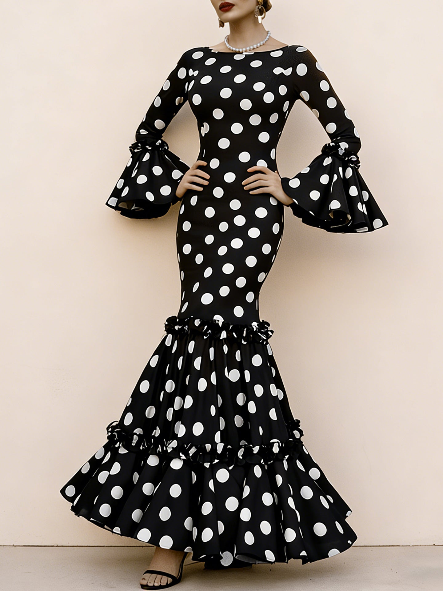 Damen Maxikleid mit Volant und Polka-Dots