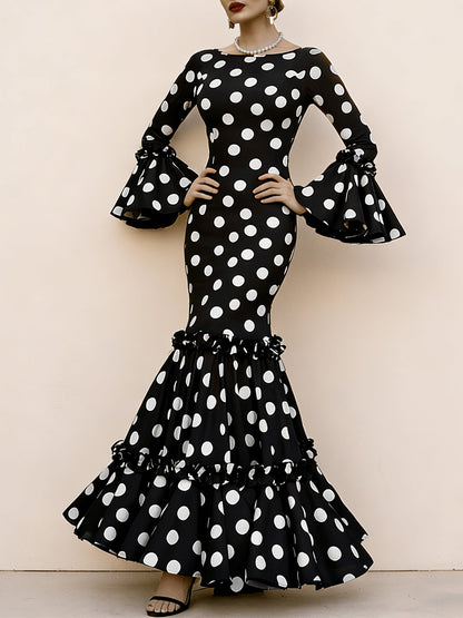 Damen Maxikleid mit Volant und Polka-Dots