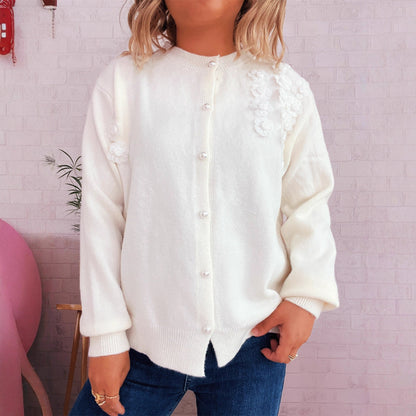 Damen Strickjacke Florale Applikationen Knöpfe Beige - Eveloria