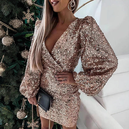 Damen Minikleid Glitzernd Ballonärmel Wickeloptik Eveloria