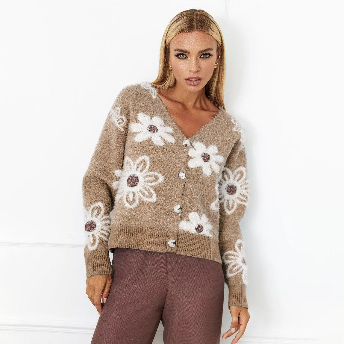 Damen Cardigan Floralmuster Kuschelig Knöpfe Beige