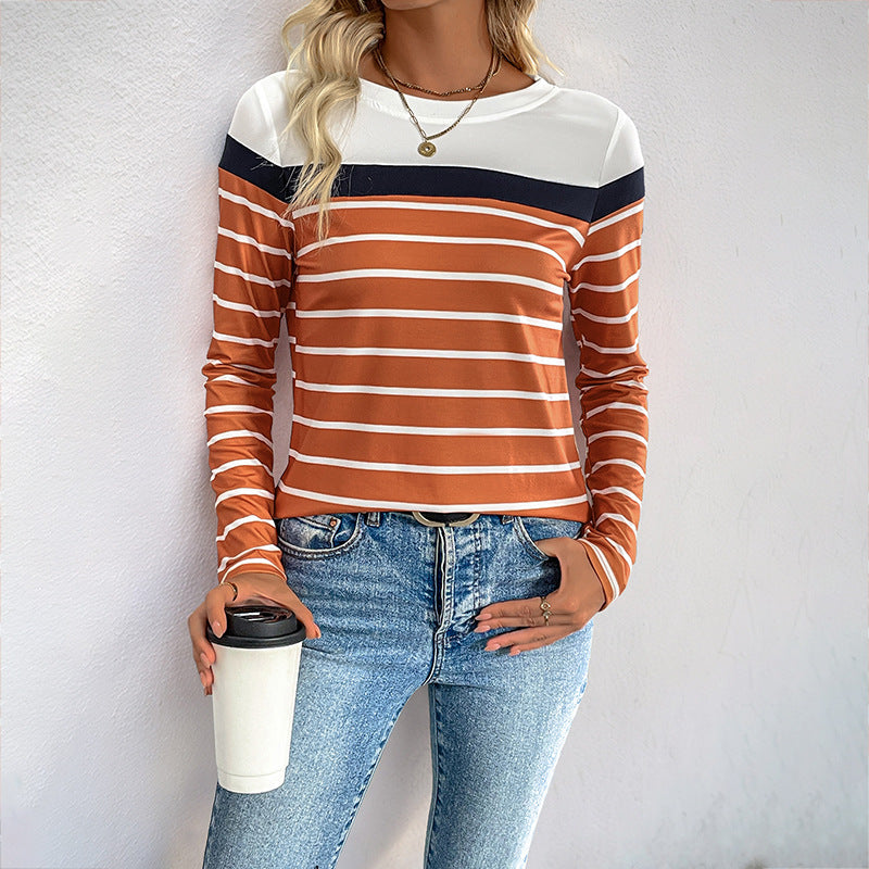 Damen Langarmshirt Kontraststreifen Baumwolle Lässig Weiß