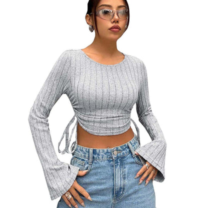 Damen Cropped Langarmtop Rippstrick Bindedetail