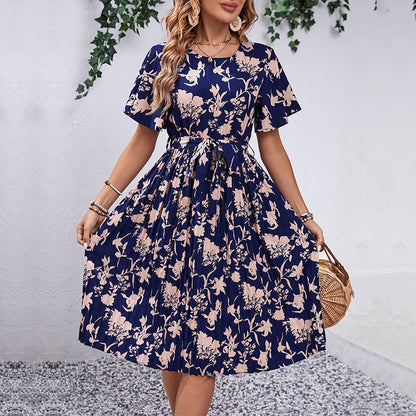 Damen Midi-Kleid Floralmuster Tailliert Schwarz - Eveloria