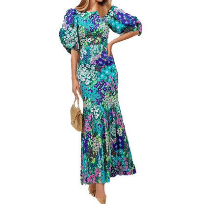 Damen Maxikleid Voluminöse Puffärmel Florales Muster Eveloria