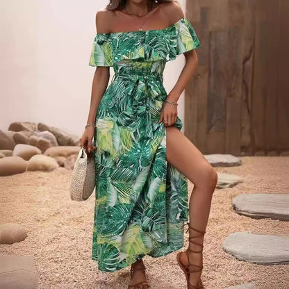 Damen Maxikleid Off-Shoulder Rundhals tiefes Seitenloch