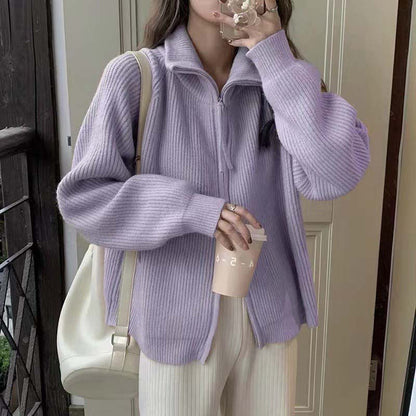 Damen Strickpullover Halbhohes Modell Mit Reißverschluss Beige - Eveloria