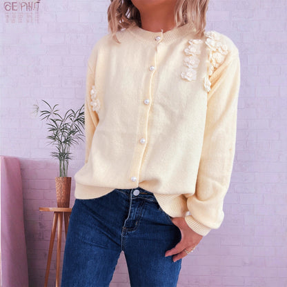 Damen Strickjacke Florale Applikationen Knöpfe Beige