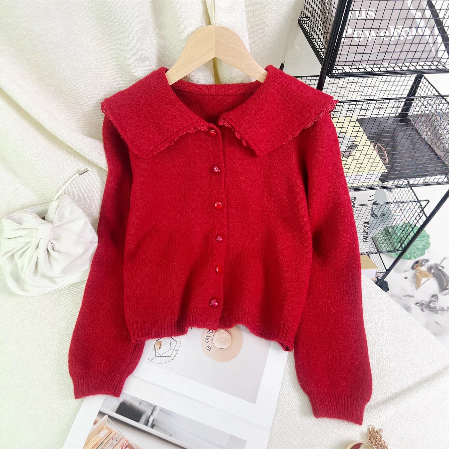 Damen Strickjacke Großer Kragen Dekorative Knöpfe Grau
